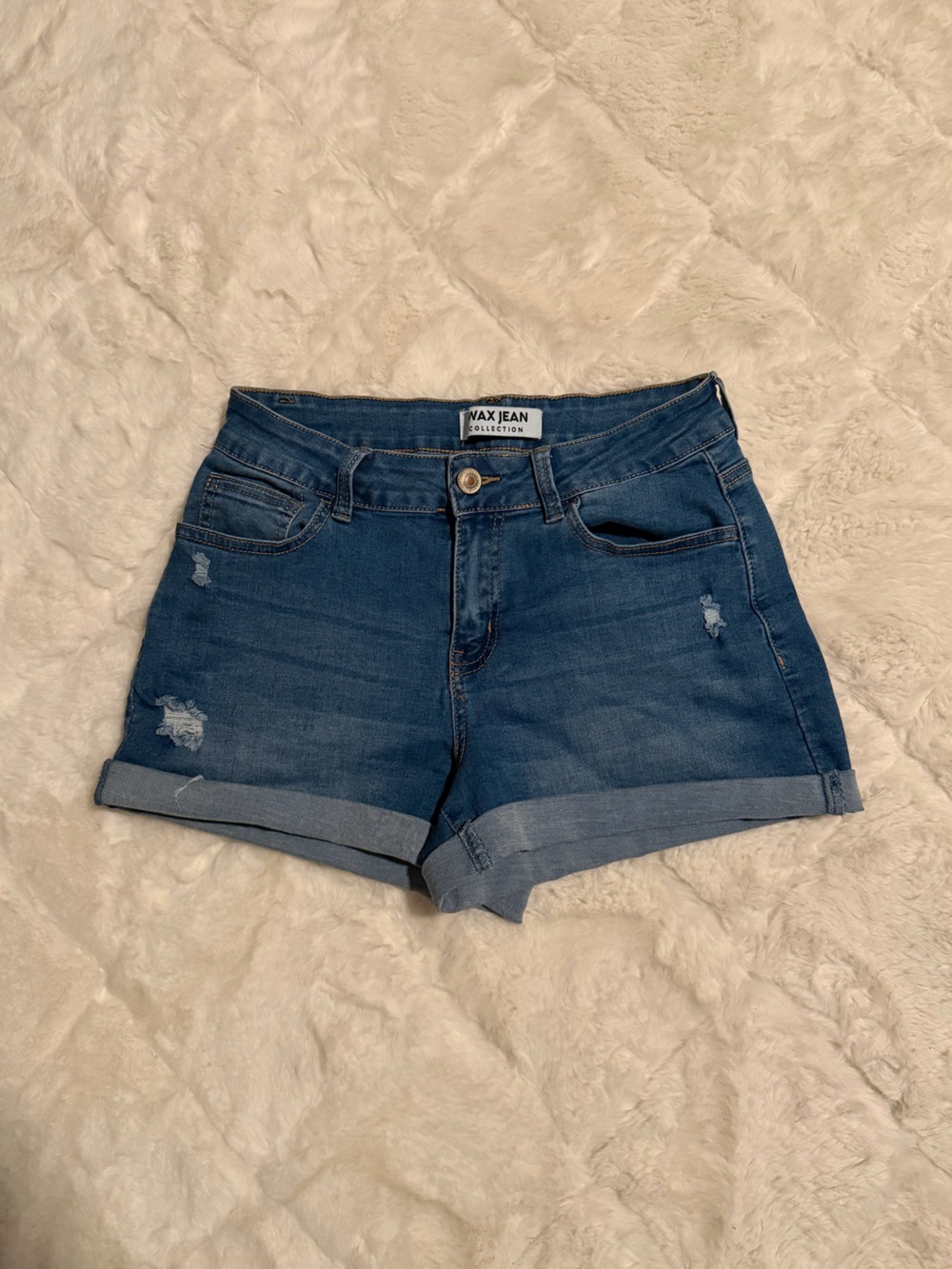 Wax Jean Dark Blue Distressed Cuffed Denim Shorts -  Size M